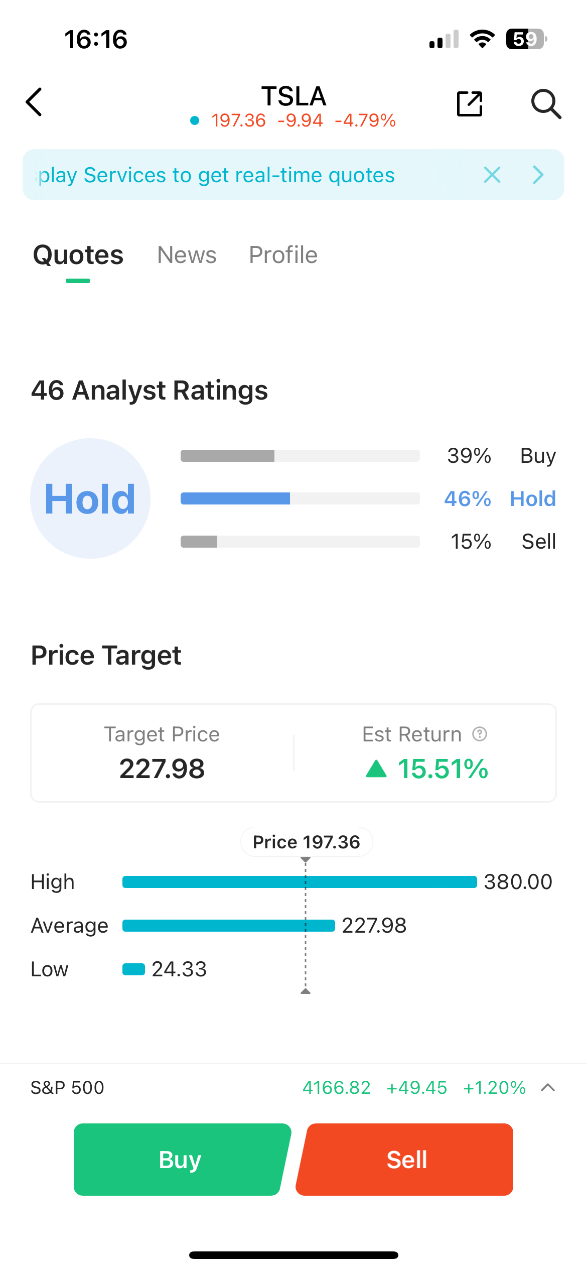 Tesla analyst rating in M+ Global app